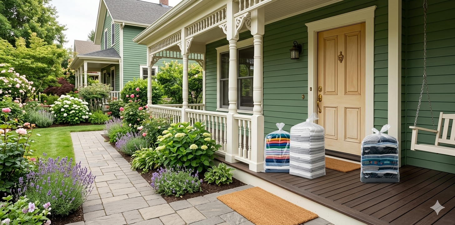 Home Delivery To A Green Home With Wood Door