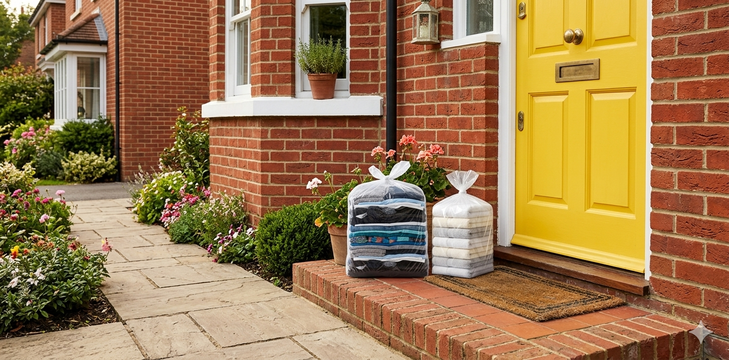 Home Delivery To Red Brick Home With Yellow Door