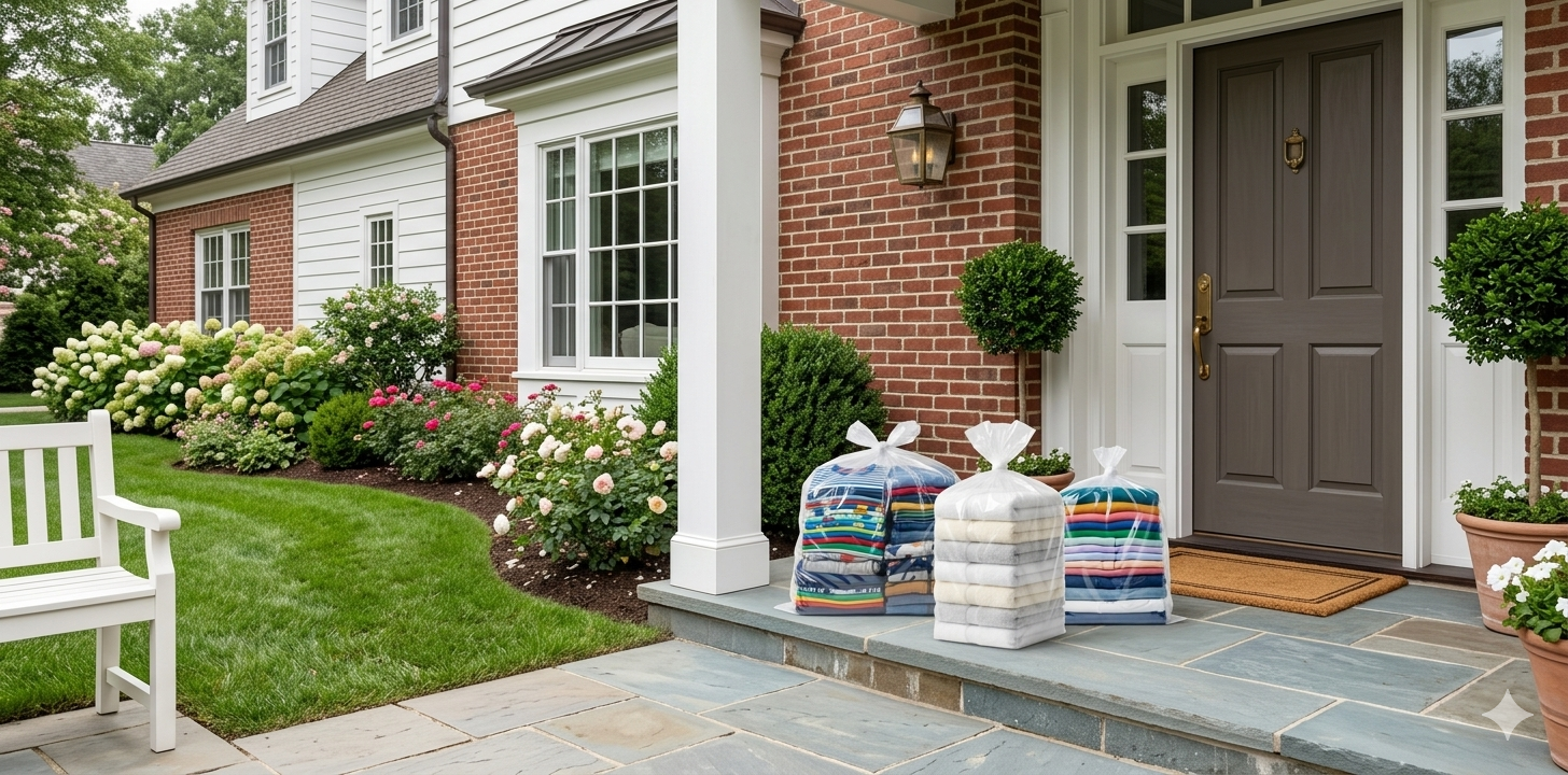 Home Delivery To A Red Brick Home With Brown Door
