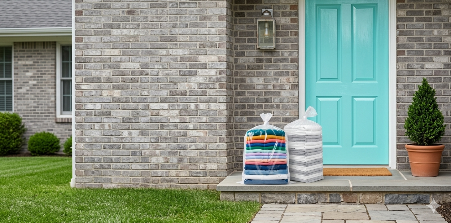 Home Delivery To A Gray Brick Home With Aqua Door