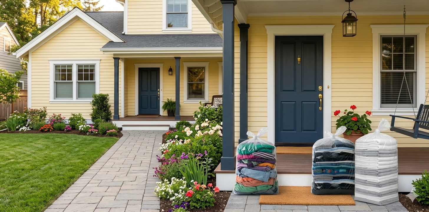 Home Delivery To A Yellow Home With Navy Door
